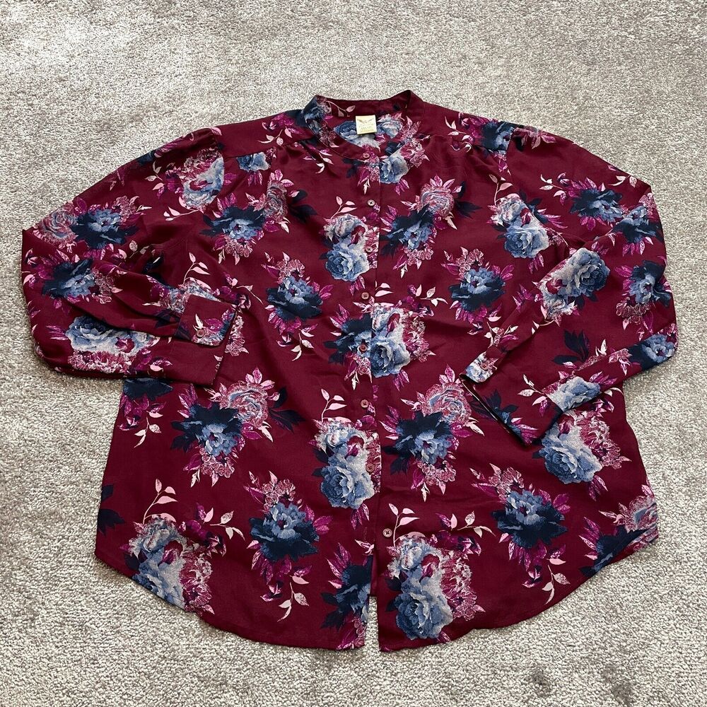 Faded Glory Blouse Button Up Shirt Womens 2XL 20 Dark Pink Purple Floral Top
